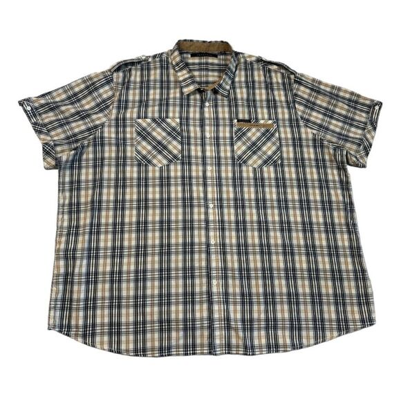 Sean John Mens Size 6XB Beige Striped Plaid Button Up Shirt Short Sleeve Shirt - Picture 1 of 12